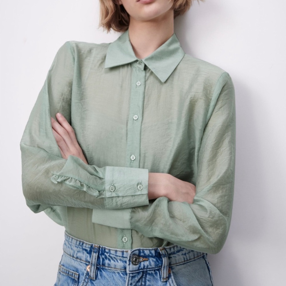 Zara Sheer Sage Green Button Down Shirt with Pleated Back NWT